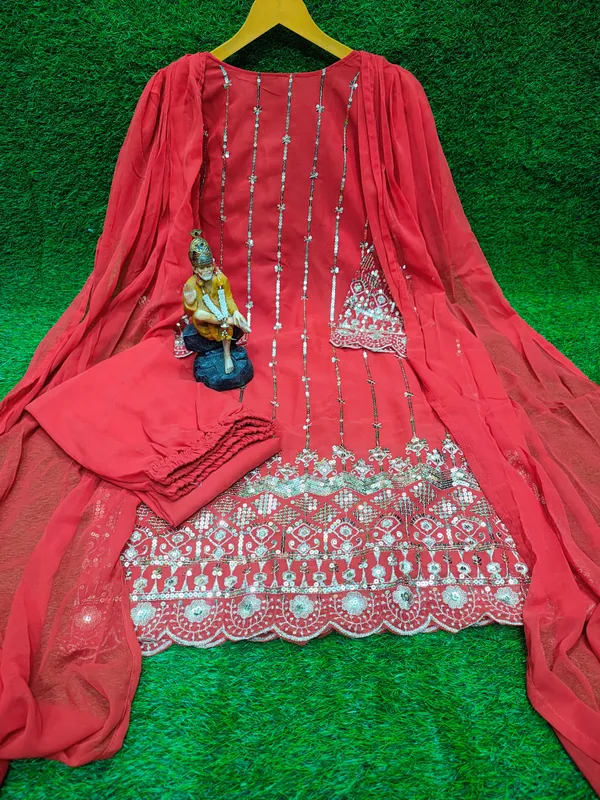 Deep_Maroon_Red_Heavy_Fox_Georgette_Fabric_Kurti_Pant_&_Dupatta_For_Women