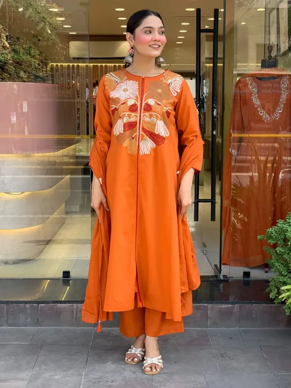 Bright_Orange._Cotton_Kurti_Pant_&_Dupatta_For_Women