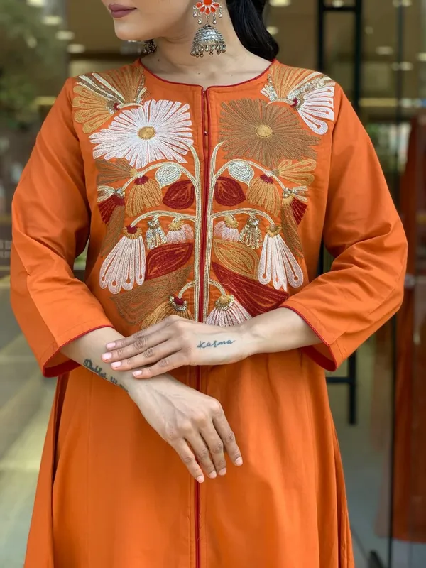 Bright_Orange._Cotton_Kurti_Pant_&_Dupatta_For_Women