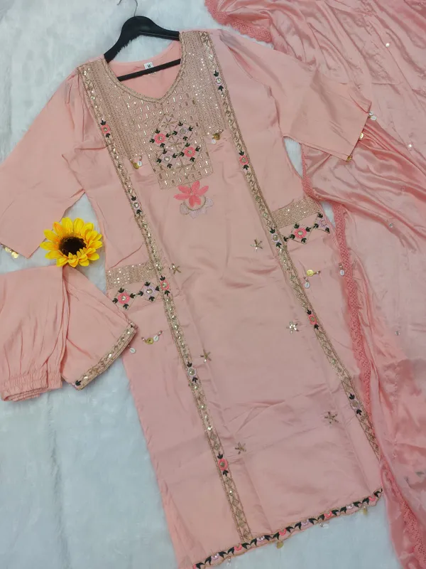 Peach_Pink_Roman_Silk_Kurti_Pant_&_Dupatta_For_Women