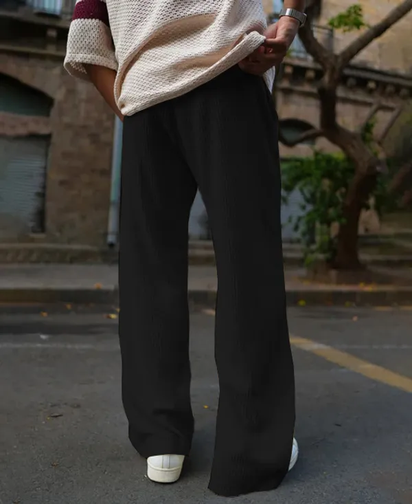 Black_Waffle_Knitted_Fabric_Baggy_Track_Pants_For_Men