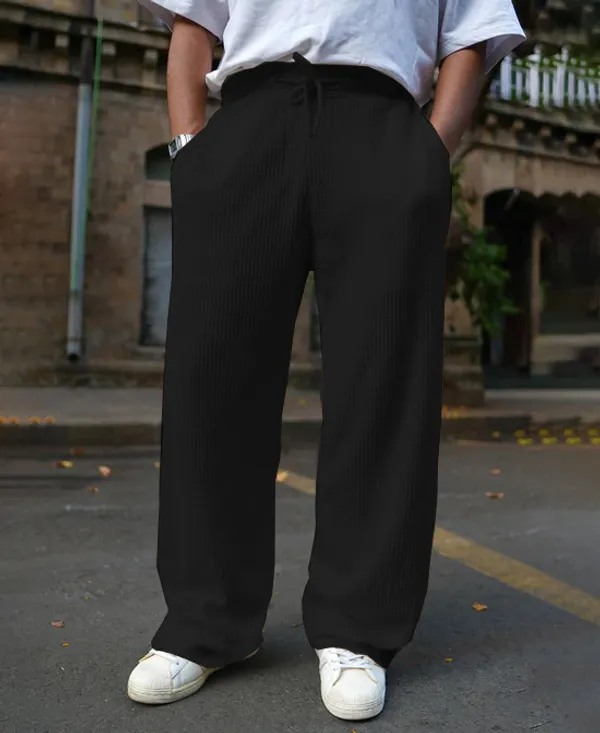 Black_Waffle_Knitted_Fabric_Baggy_Track_Pants_For_Men