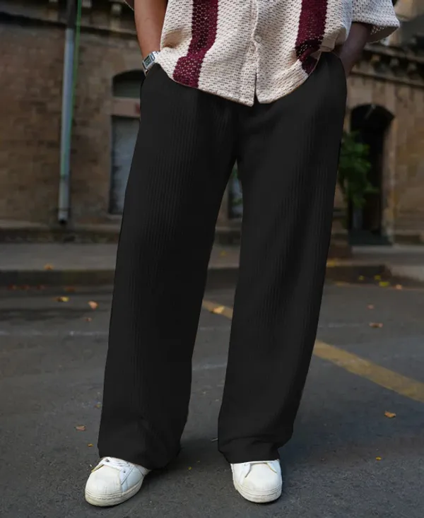 Black_Waffle_Knitted_Fabric_Baggy_Track_Pants_For_Men
