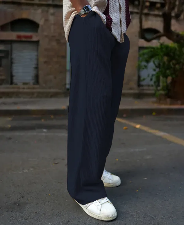 Navy_Waffle_Knitted_Fabric_Baggy_Track_Pants_For_Men