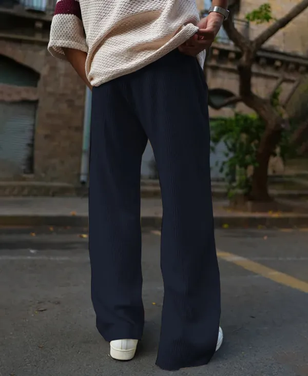 Navy_Waffle_Knitted_Fabric_Baggy_Track_Pants_For_Men