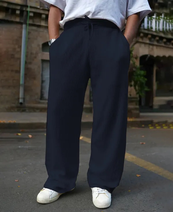 Navy_Waffle_Knitted_Fabric_Baggy_Track_Pants_For_Men