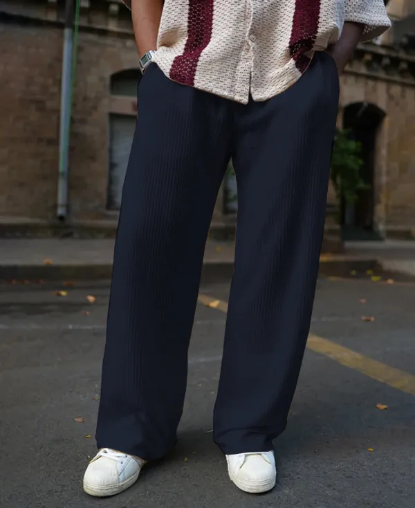 Navy_Waffle_Knitted_Fabric_Baggy_Track_Pants_For_Men