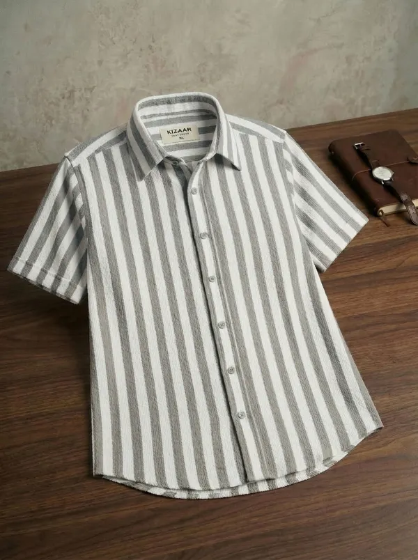 Men’s_Textured_Vertical_Stripe_Shirt_–_Premium_Cotton_Blend,_Relaxed_Fit,_Casual_Summer_Half_Sleeve_Shirt_(Beige_&_Grey)