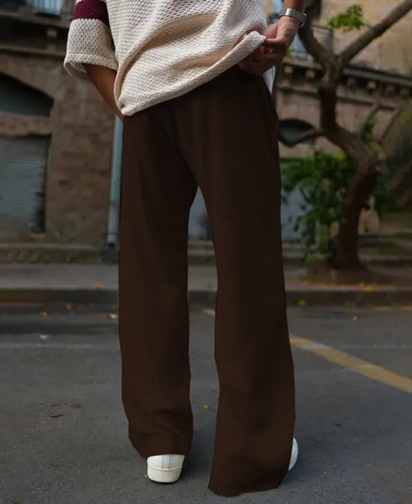 Brown_Waffle_Knitted_Fabric_Baggy_Track_Pants_For_Men