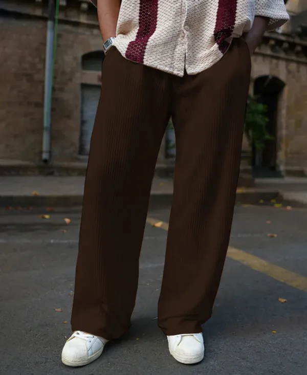 Brown_Waffle_Knitted_Fabric_Baggy_Track_Pants_For_Men