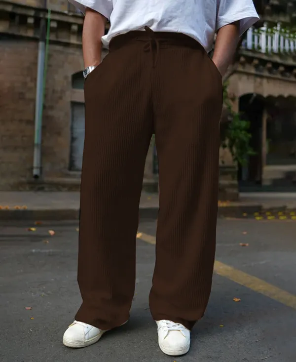 Brown_Waffle_Knitted_Fabric_Baggy_Track_Pants_For_Men