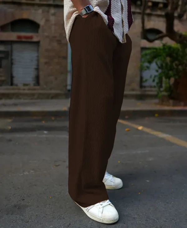 Brown_Waffle_Knitted_Fabric_Baggy_Track_Pants_For_Men