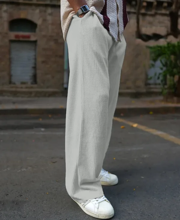 Grey_Waffle_Knitted_Fabric_Baggy_Track_Pants_For_Men