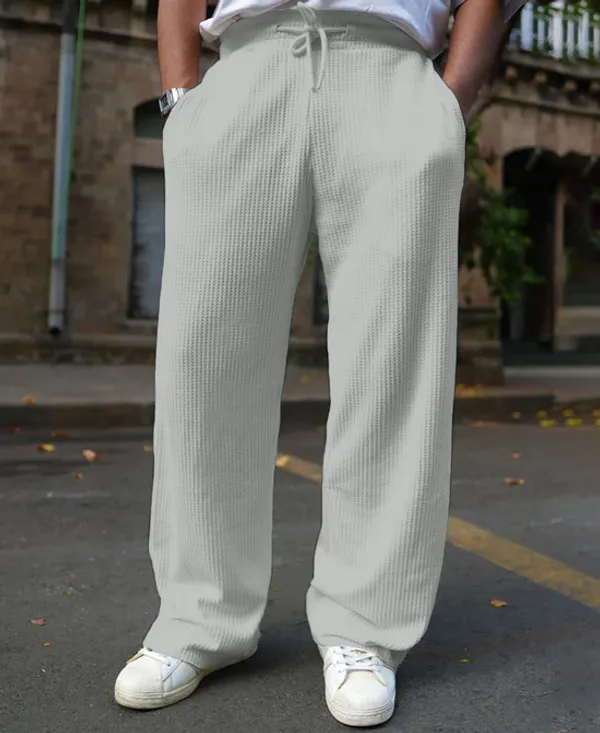 Grey_Waffle_Knitted_Fabric_Baggy_Track_Pants_For_Men