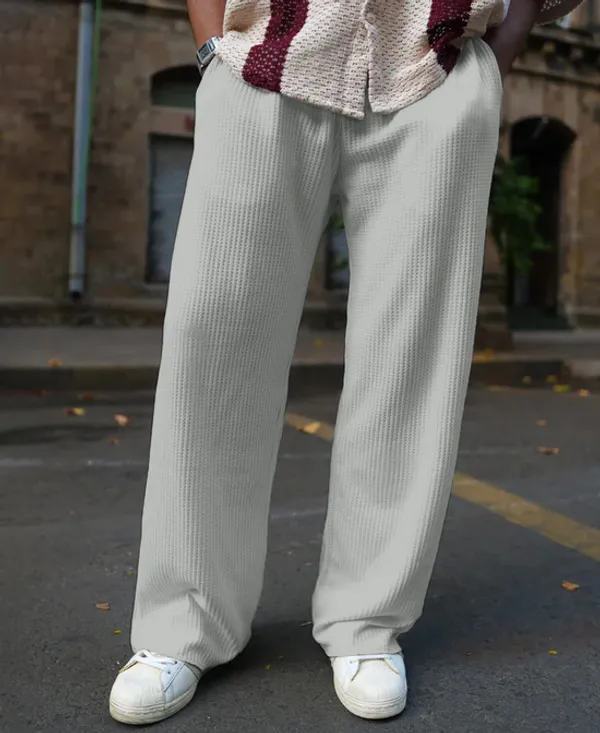 Grey_Waffle_Knitted_Fabric_Baggy_Track_Pants_For_Men