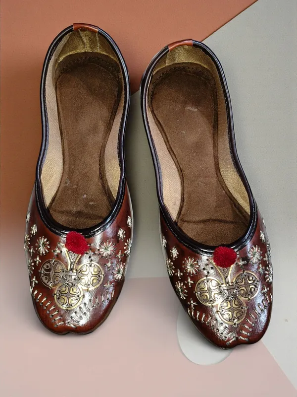 Brown_Premium_Synthetic_Leather_Embroidered_Bellies_For_Women_And_Girls