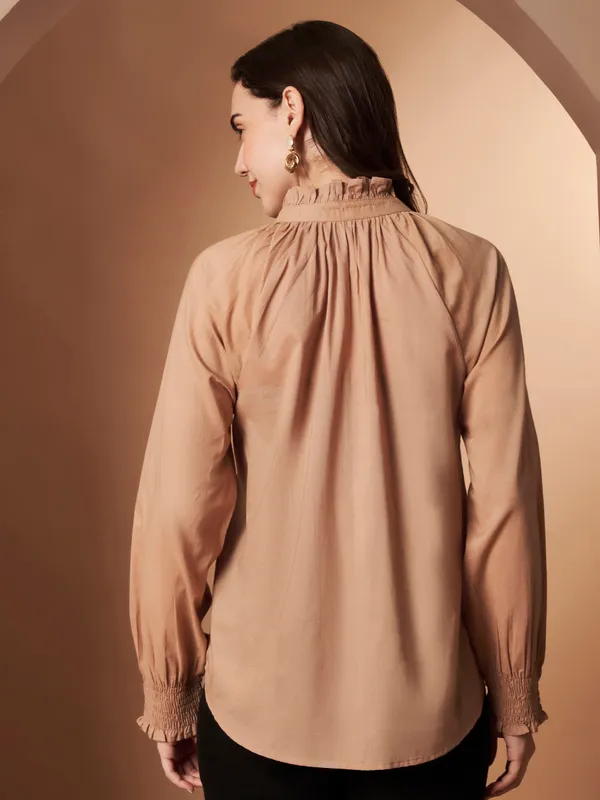 Beige_Cotton_Ruffle_Neck_Button_Down_Shirt_For_Women