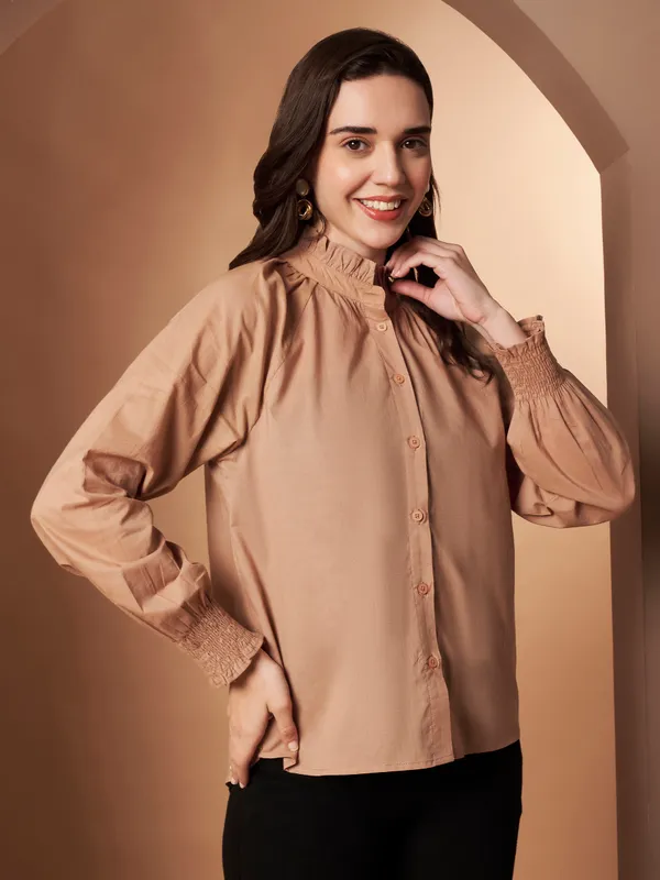 Beige_Cotton_Ruffle_Neck_Button_Down_Shirt_For_Women