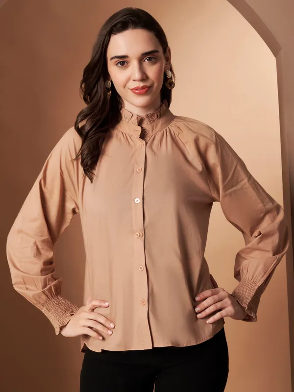 Beige_Cotton_Ruffle_Neck_Button_Down_Shirt_For_Women