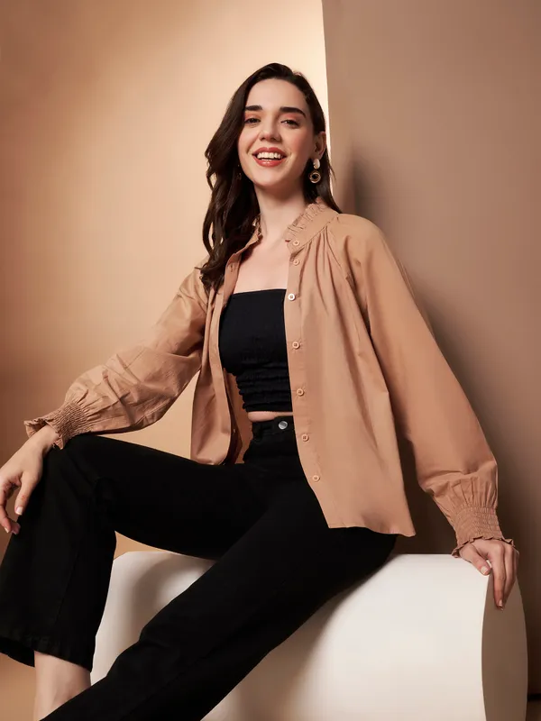 Beige_Cotton_Ruffle_Neck_Button_Down_Shirt_For_Women