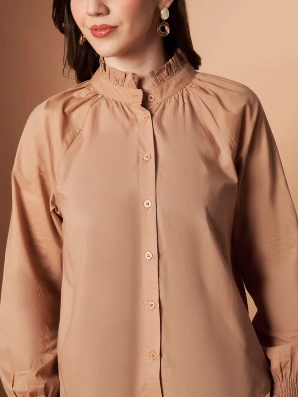 Beige_Cotton_Ruffle_Neck_Button_Down_Shirt_For_Women