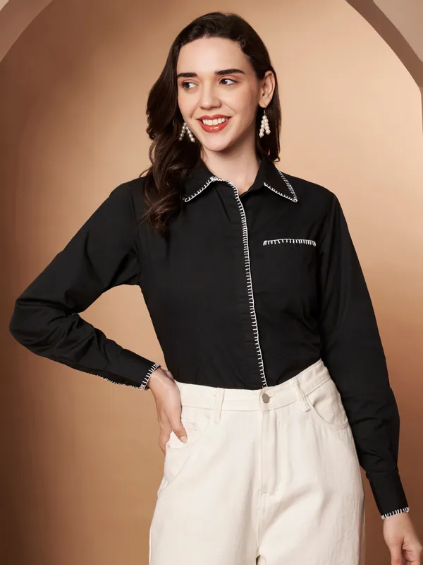 Black_100%_Cotton_Contrast_Stitch_Shirt_for_Women