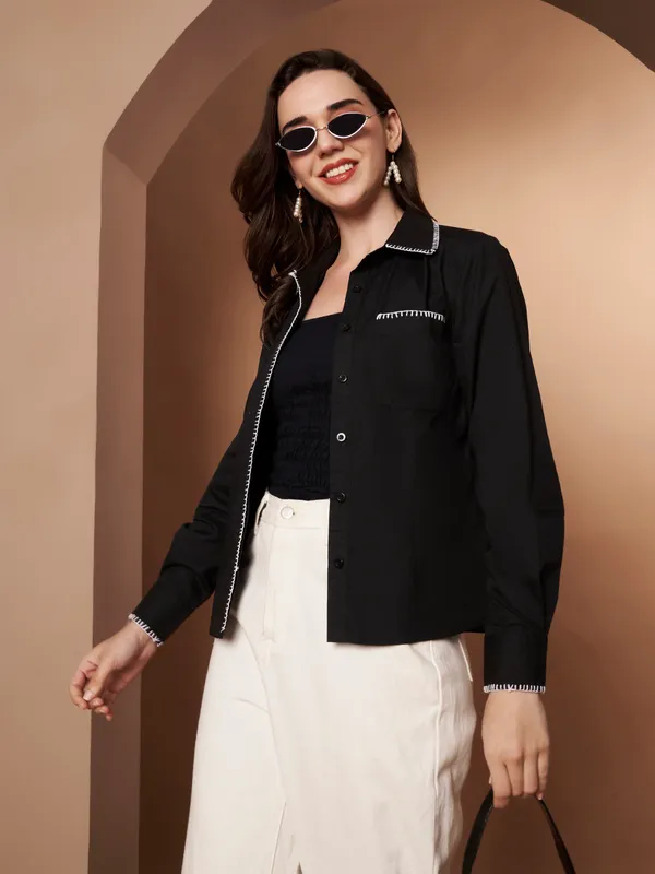 Black_100%_Cotton_Contrast_Stitch_Shirt_for_Women
