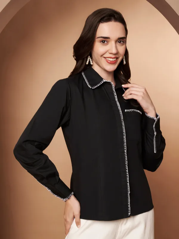 Black_100%_Cotton_Contrast_Stitch_Shirt_for_Women