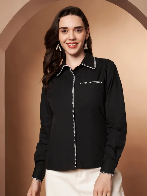 Black_100%_Cotton_Contrast_Stitch_Shirt_for_Women
