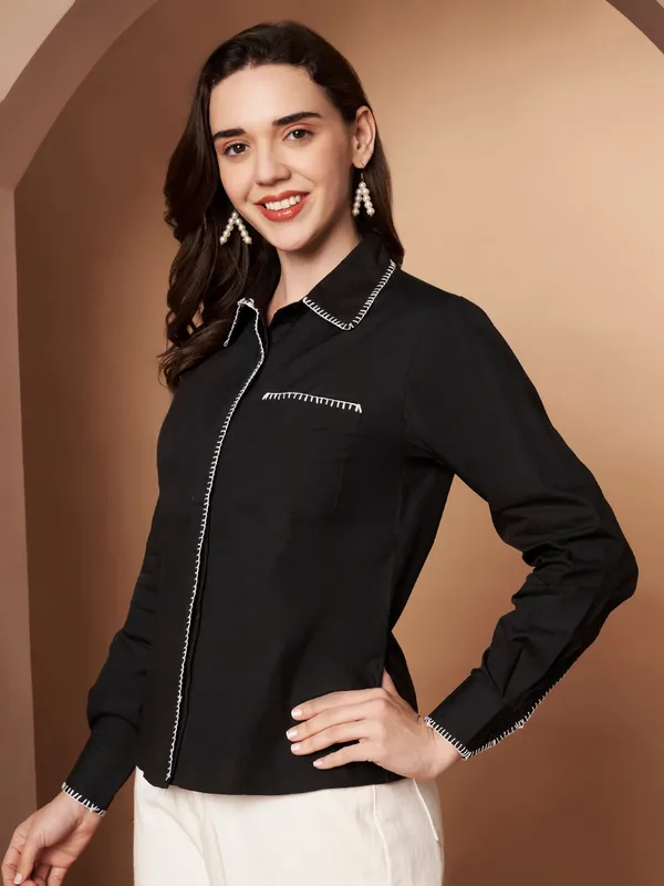 Black_100%_Cotton_Contrast_Stitch_Shirt_for_Women