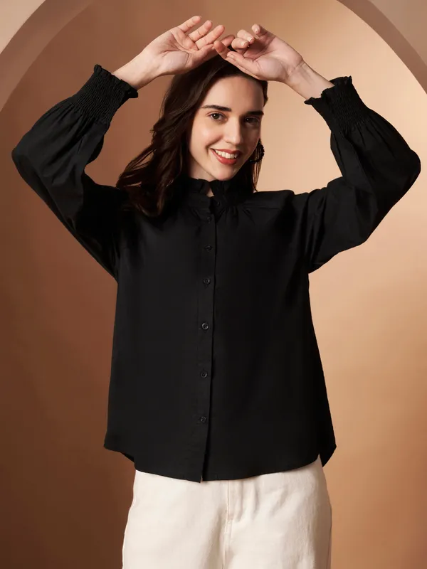 Black_Cotton_Ruffle_Neck_Button_Down_Shirt_For_Women