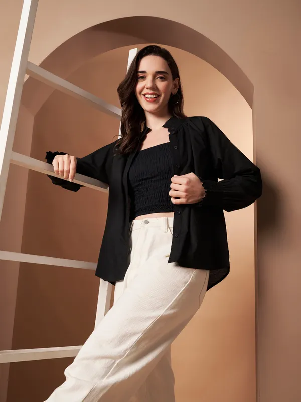 Black_Cotton_Ruffle_Neck_Button_Down_Shirt_For_Women