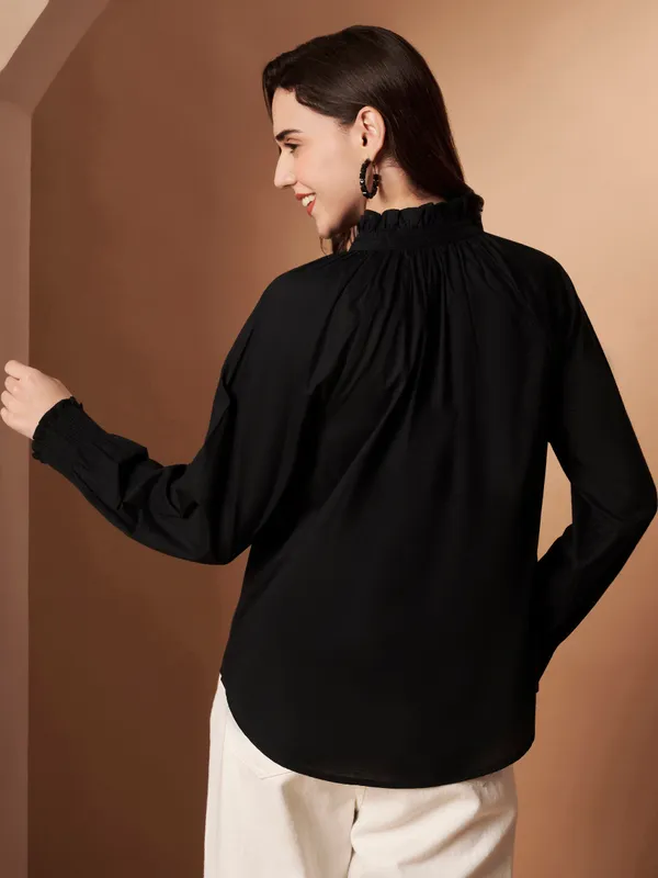Black_Cotton_Ruffle_Neck_Button_Down_Shirt_For_Women