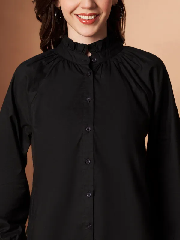 Black_Cotton_Ruffle_Neck_Button_Down_Shirt_For_Women