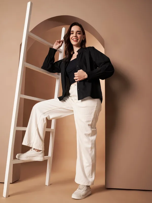 Black_Cotton_Ruffle_Neck_Button_Down_Shirt_For_Women