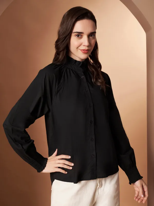 Black_Cotton_Ruffle_Neck_Button_Down_Shirt_For_Women