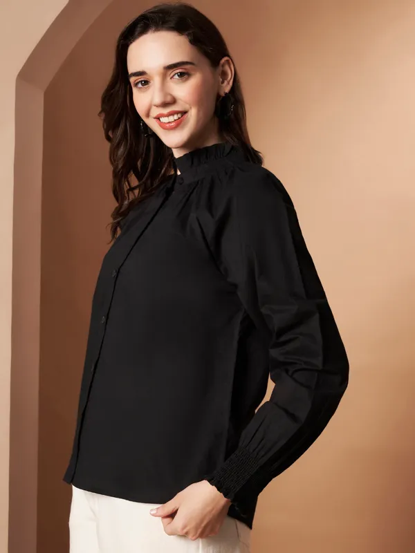 Black_Cotton_Ruffle_Neck_Button_Down_Shirt_For_Women