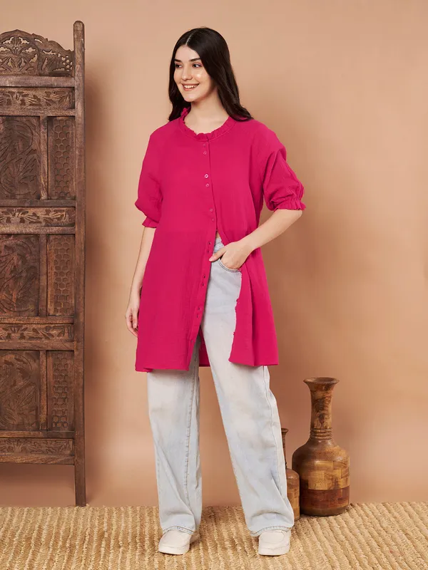 Pink_Cotton_Short_Sleeve_Long_Shirt_For_Women