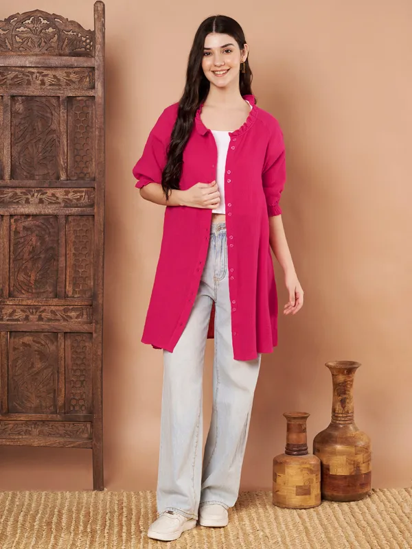 Pink_Cotton_Short_Sleeve_Long_Shirt_For_Women