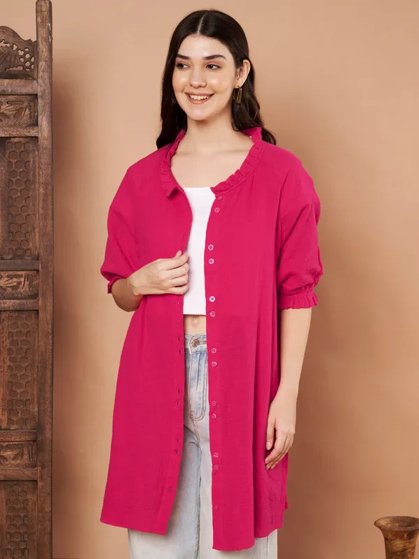 Pink_Cotton_Short_Sleeve_Long_Shirt_For_Women