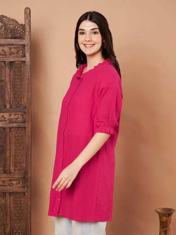 Pink_Cotton_Short_Sleeve_Long_Shirt_For_Women