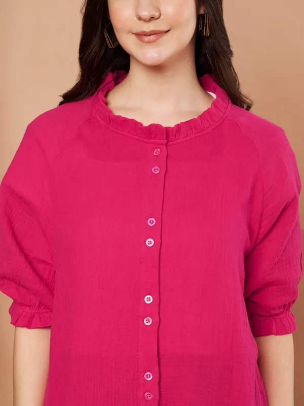 Pink_Cotton_Short_Sleeve_Long_Shirt_For_Women