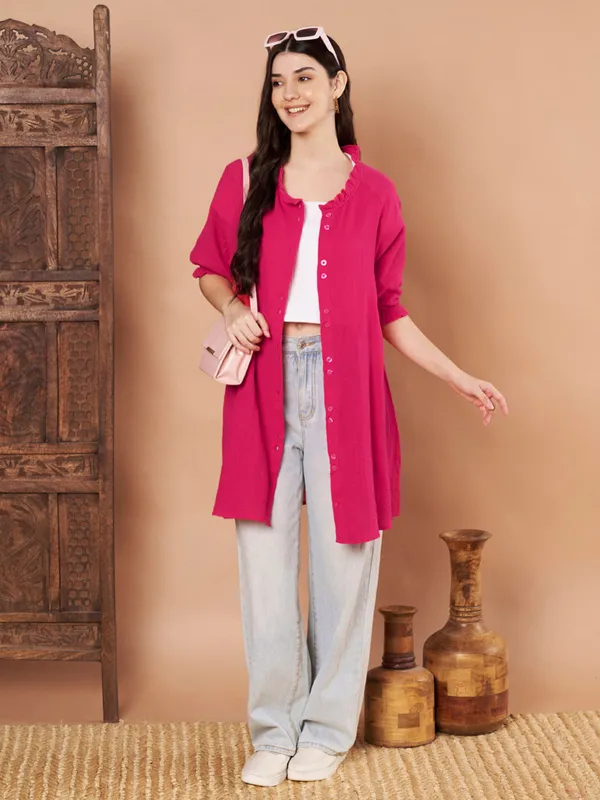 Pink_Cotton_Short_Sleeve_Long_Shirt_For_Women
