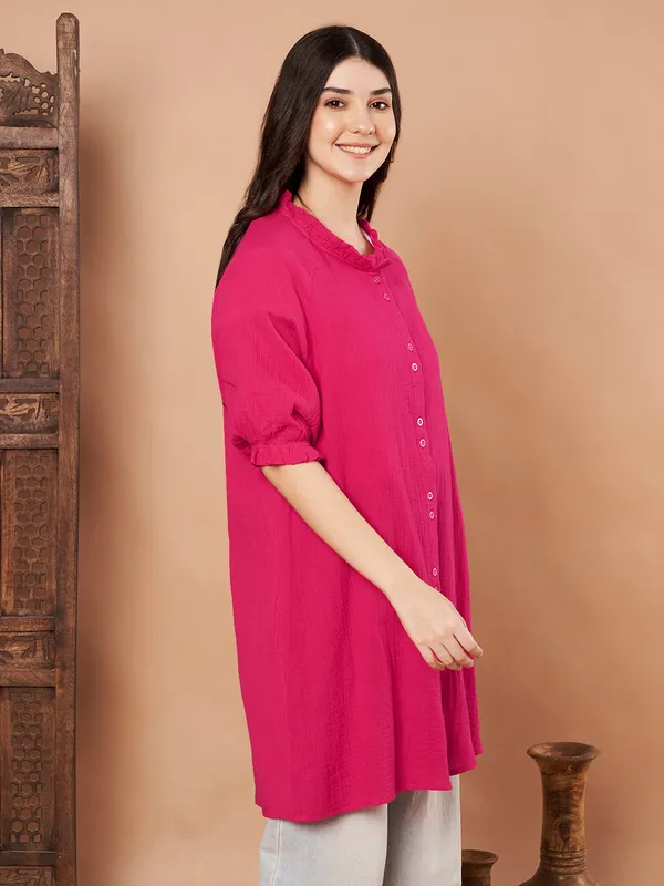 Pink_Cotton_Short_Sleeve_Long_Shirt_For_Women