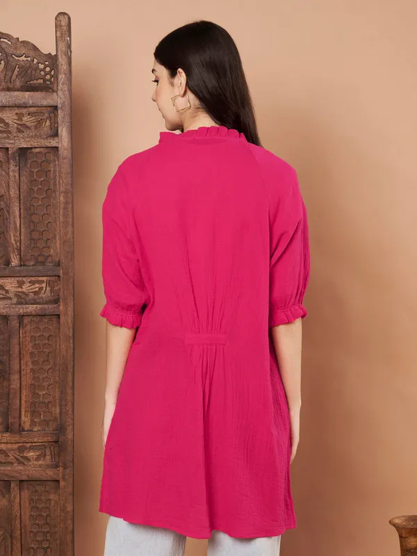 Pink_Cotton_Short_Sleeve_Long_Shirt_For_Women