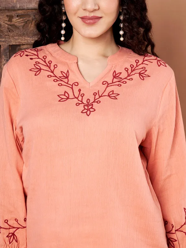 Peach_Cotton_Embroidered_Top_With_Maroon_Thread_Work