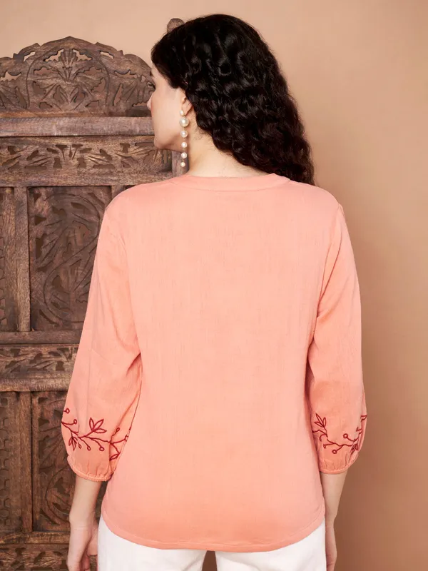 Peach_Cotton_Embroidered_Top_With_Maroon_Thread_Work