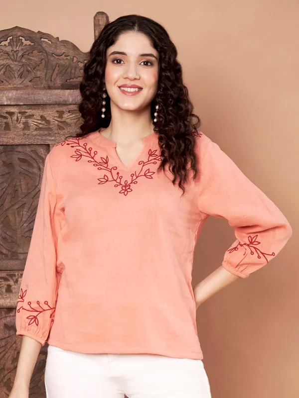 Peach_Cotton_Embroidered_Top_With_Maroon_Thread_Work