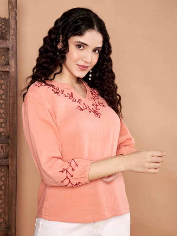 Peach_Cotton_Embroidered_Top_With_Maroon_Thread_Work
