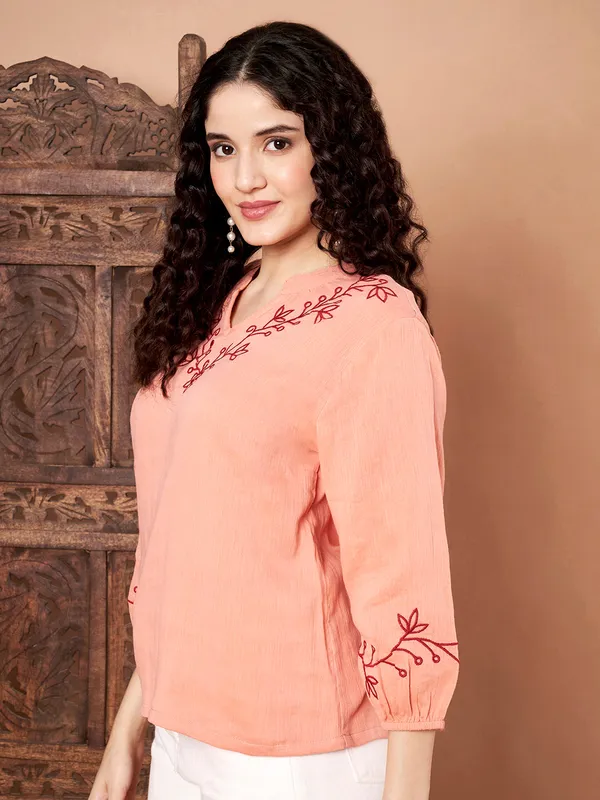 Peach_Cotton_Embroidered_Top_With_Maroon_Thread_Work